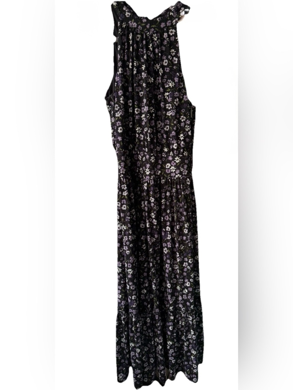 Michael Kors Floral Textured Jersey Halter Maxi Dress XS Black Purple Boho